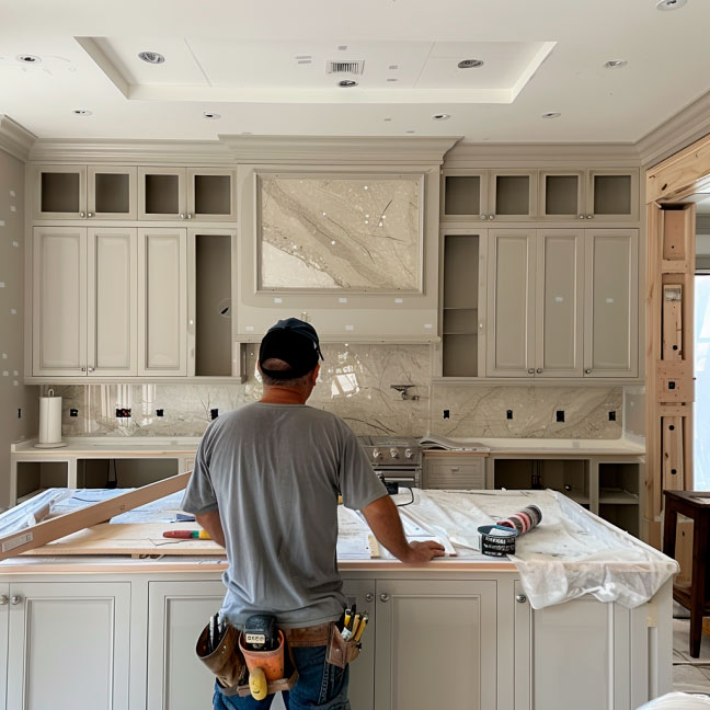 Ein Handwerker steht vor einer Küche in Renovierung, mit grauen Schränken und Marmorarbeitsfläche, während er Werkzeuge und Materialien verwendet.